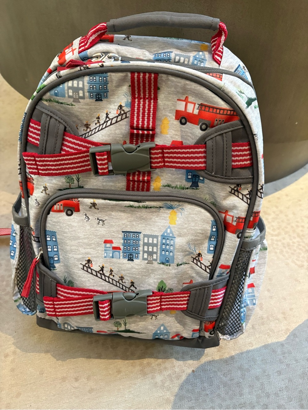 Pottery Barn Kids Gray City & Red Firetruck Print Backpack